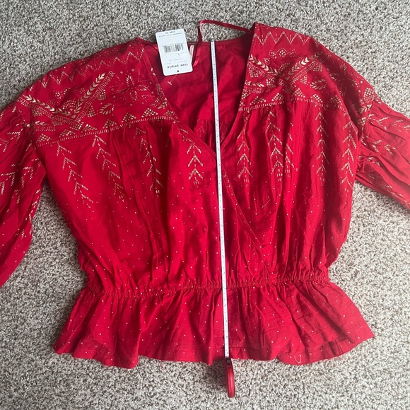 FREE PEOPLE Metallic Bell Sleeves Blouse Caliente Red - Picture 7 of 8